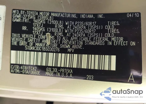 2011 Toyota Sienna Le V6/Le V6 Auto Access Seat from USA, damaged, VIN 5TDKK3DC1BS030276